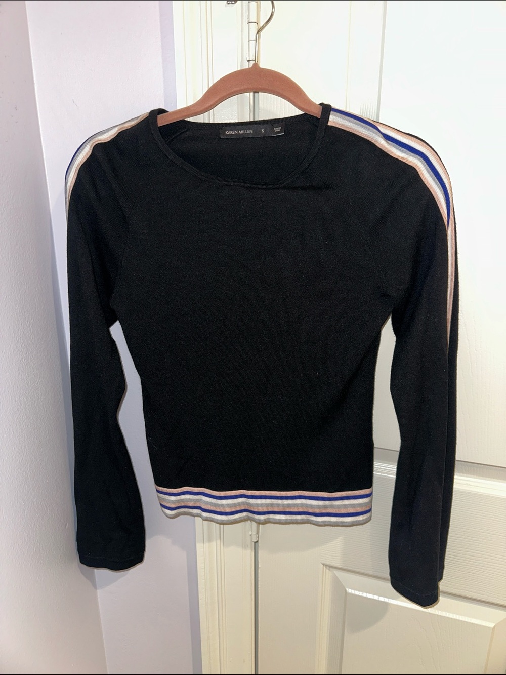 Karen Millen Black Long Sleeve Top with Blue and Cream Stripe Accents small